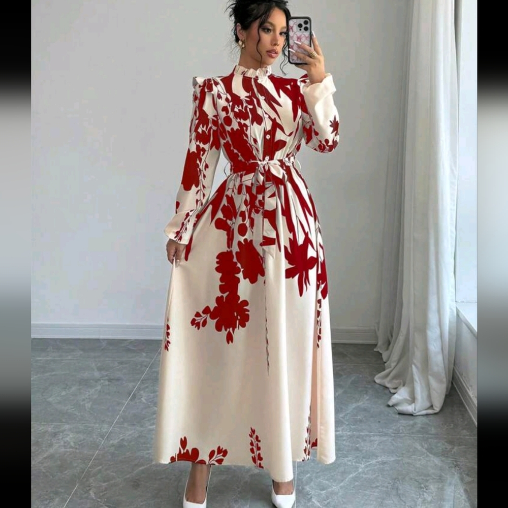 Women's Floral Print Front Button Cinched Waist Wrap Dress, Long - Picture 4 of 5